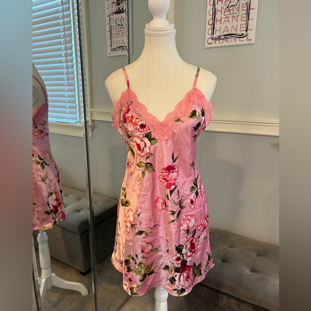 Vintage Inner Most Floral Pink Lace Trim Slip Dress Size S
